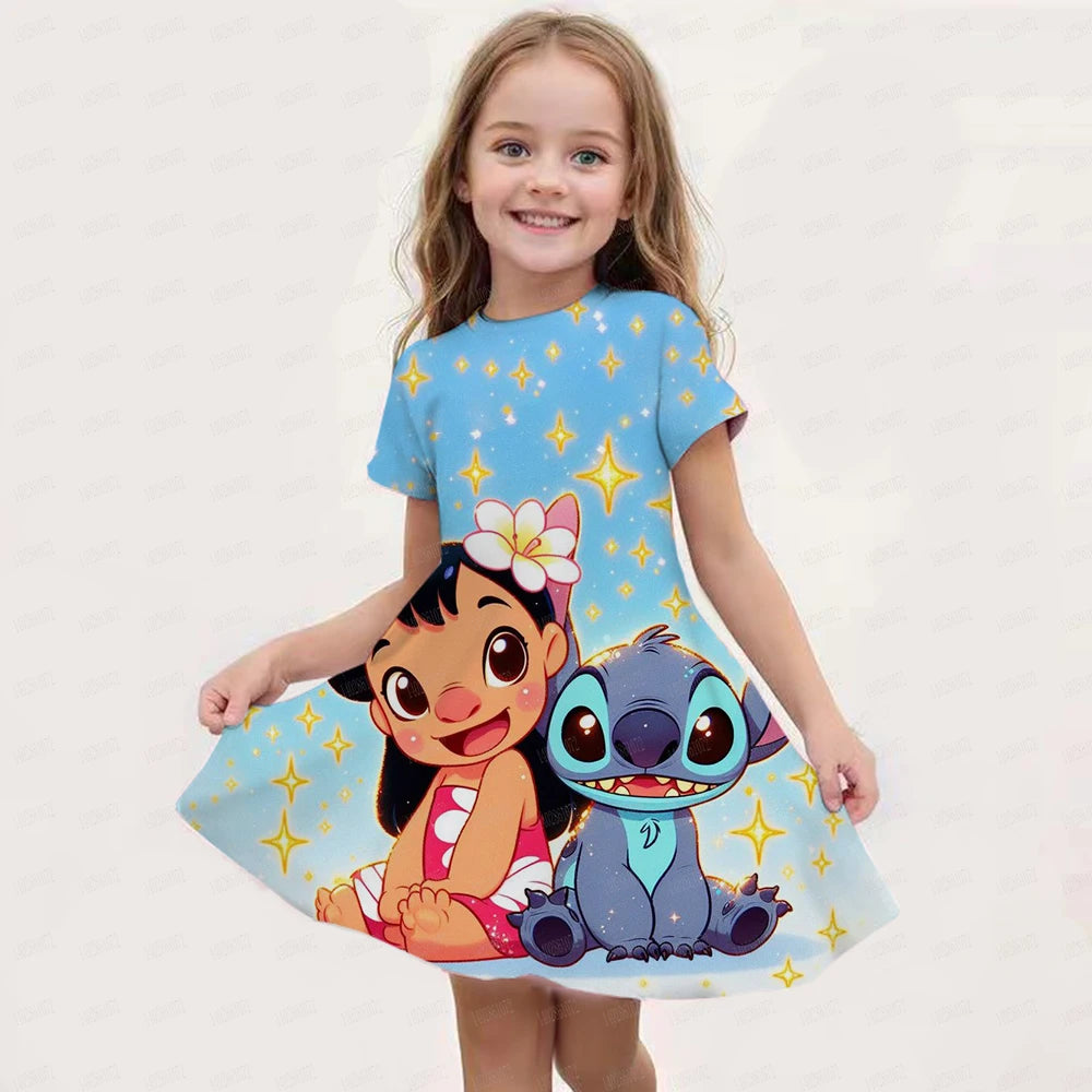 Summer New Children's Clothing 3d Printed Romantic Stitch Cute Girl Short-Sleeved Dress 3-14 Years Old Kids Performance Clothing