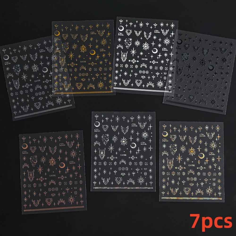 8Pcs Red Heart Nail Stickers 3D Bronzing Silver Gold Heart Shape Star & Moon Metal Totem Nail Slider Self-Adhesive DIY Nail Art*