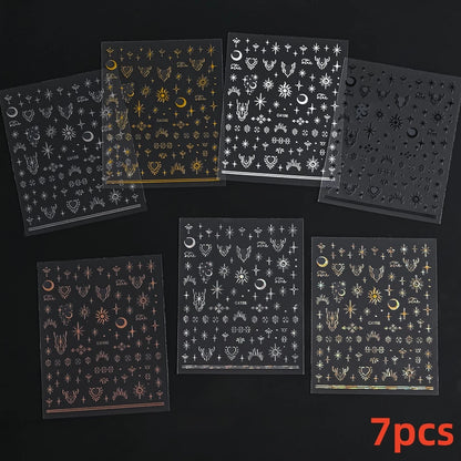 8Pcs Red Heart Nail Stickers 3D Bronzing Silver Gold Heart Shape Star & Moon Metal Totem Nail Slider Self-Adhesive DIY Nail Art*