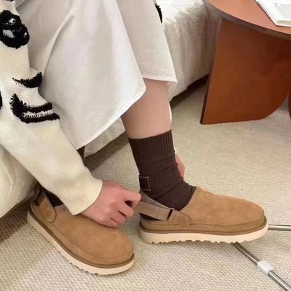 Women's Leather Birke Wrap Toe Slippers Men's Comfort Casual Outdoor Sandals Women's Thick Velcro Flats Mueller Shoes