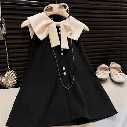 Bear Leader Girls Bow Decoration Cowl Neck Sleeveless Dresses Summer Plain Kids Clothes Korean Version Casual Wear 2 To 7 Years