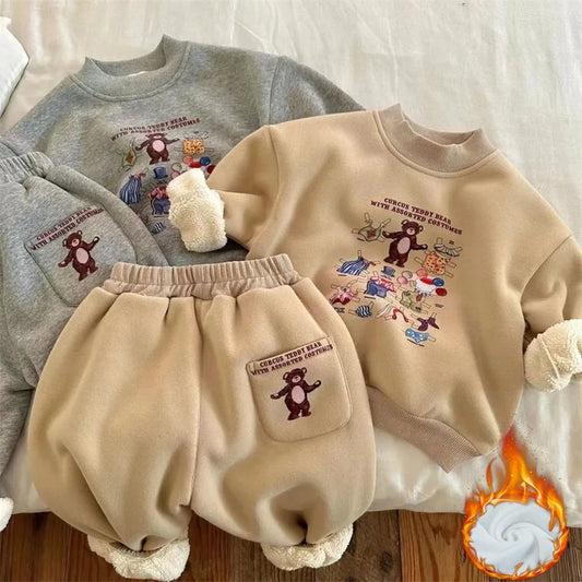 Boys Girls Padded Fashion Sets Children Autumn Winter Cartoon Suits Kids Casual Sweatshirt+Pants 2Pcs Outfits New Trend Clothing
