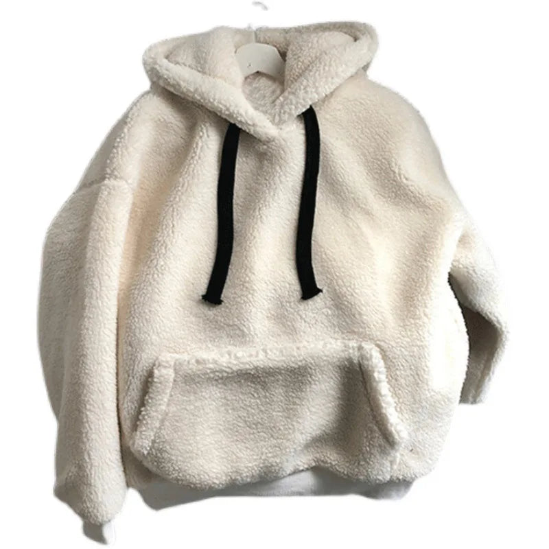 Lamb Wool Hoodies Women's Autumn Winter Korean Style Loose Hooded Sweatshirts Long Sleeve Pullover Patch Pocket Warm Jacket