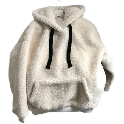 Lamb Wool Hoodies Women's Autumn Winter Korean Style Loose Hooded Sweatshirts Long Sleeve Pullover Patch Pocket Warm Jacket
