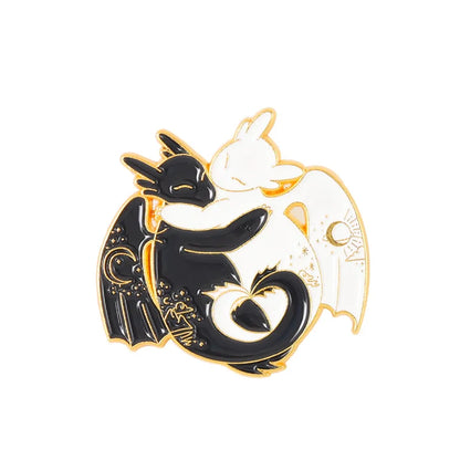 Cartoon Black White Animal Hug Enamel Pins Fox Koi Fish Dinosaur Deer Rabbit Crescent Ghost Alloy Brooch Badge Fashion Jewelry
