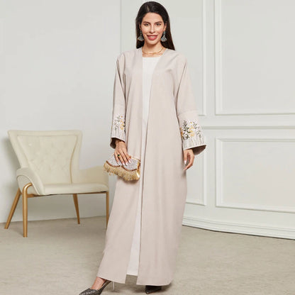 New Arrival Front Open Abaya Women Kimono Muslim Women's Dresses Flowers Embroidery Eid Linen Abaya Arab Dubai Islamic Clothing