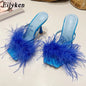 Eilyken Summer Fashion Fluffy Furry Women Slippers Female Gladiator Sandals Party Banquet Mules High Heels Slides Shoes