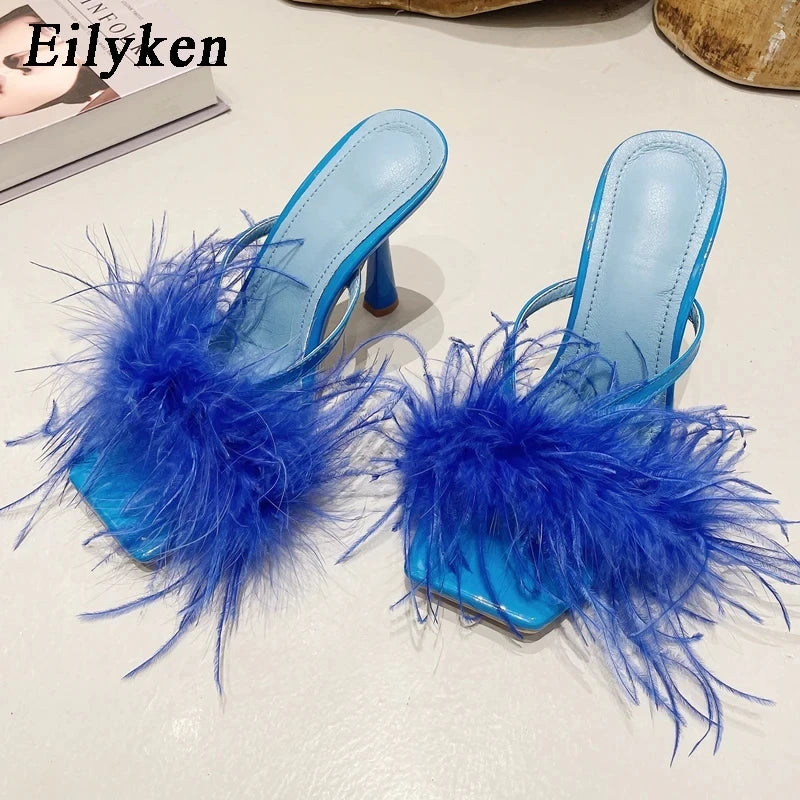 Eilyken Summer Fashion Fluffy Furry Women Slippers Female Gladiator Sandals Party Banquet Mules High Heels Slides Shoes