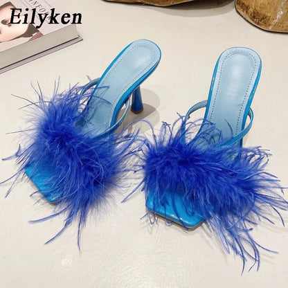 Eilyken Summer Fashion Fluffy Furry Women Slippers Female Gladiator Sandals Party Banquet Mules High Heels Slides Shoes