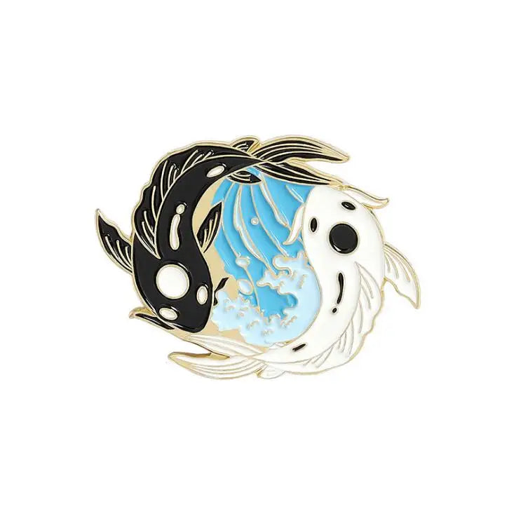 Cartoon Black White Animal Hug Enamel Pins Fox Koi Fish Dinosaur Deer Rabbit Crescent Ghost Alloy Brooch Badge Fashion Jewelry