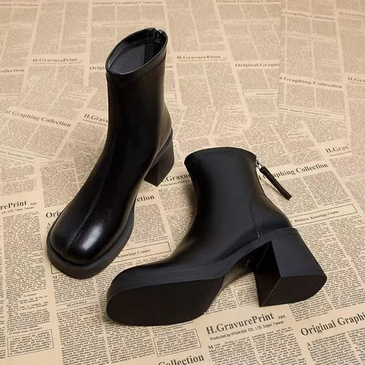 Black Women's Ankle Boots Fashion Back Zippers Short Square Heel Women Shoes Anti-slip Thick Sole Leisure Daily Commute Boots