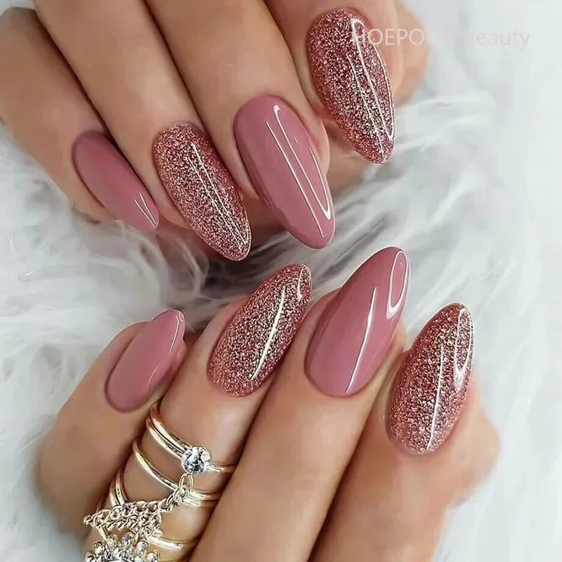 24pcs Black 3D Bow Almond Fake Nails Tips Pearl Love Sequin Design False Nails Art Removable Waterproof Artificial Press on Nail