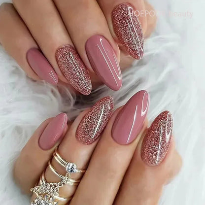 24pcs Black 3D Bow Almond Fake Nails Tips Pearl Love Sequin Design False Nails Art Removable Waterproof Artificial Press on Nail