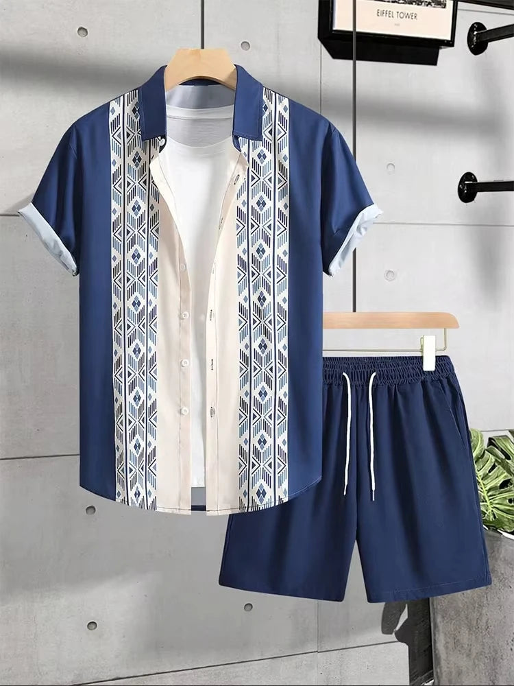 Summer Men's Short Sleeve Shirt And Beach Shorts Set Ethnic Print Outdoor Street Men's Fashion Shorts Men's Short Sleeve Shirt