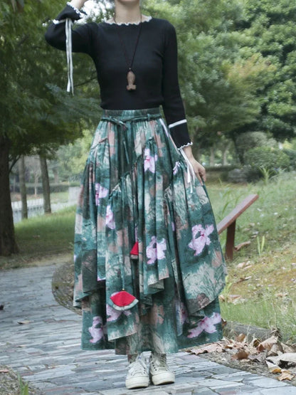 Kalenmos 2021 New Cotton and Linen Woman Medieval Skirt Fashion Flower Print Retro Eid Style Irregular Hem Pleated Skirt
