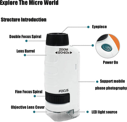 Kid Science Experiment Pocket Microscope Toy Kit 60-120x Educational Mini Handheld Microscope with Light Children STEM Toys Gift