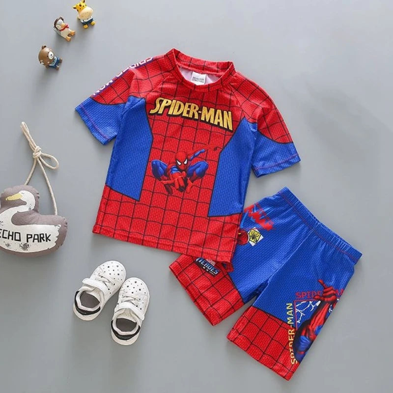 Disney Toddler Baby Boys Clothes Set Aoger Spiderman Print Short Sleeve Tops Elastic Waist Swim Hat Kids 3Pcs Bathing Suit