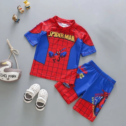 Disney Toddler Baby Boys Clothes Set Aoger Spiderman Print Short Sleeve Tops Elastic Waist Swim Hat Kids 3Pcs Bathing Suit