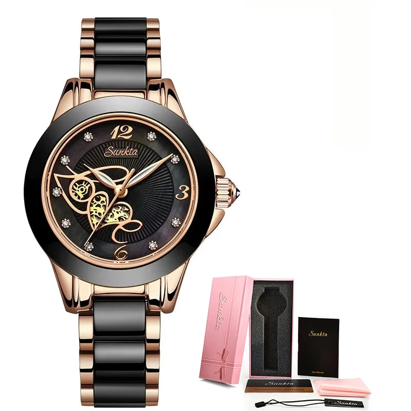 SUNKTA Brand Luxury Women Watches Black Ceramic Diamond Ladies Watch Waterproof Quartz Wristwatch Relogios Femininos Clock Gift