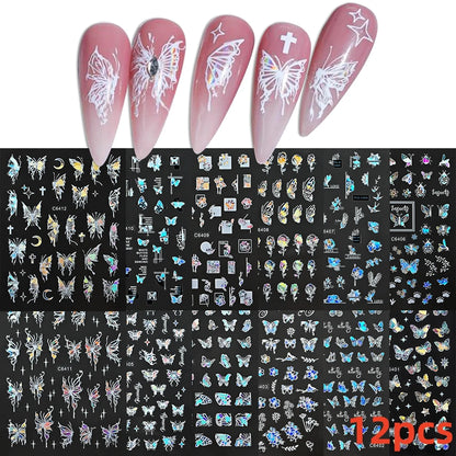 8Pcs Red Heart Nail Stickers 3D Bronzing Silver Gold Heart Shape Star & Moon Metal Totem Nail Slider Self-Adhesive DIY Nail Art*