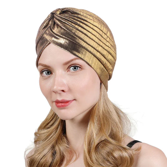New Women Gold Silver Turban Hats Chemo Bandana Hijab Pleated Indian Cap Turbante Hat Ladies Hair Loss Headscarf Muslim Headwear