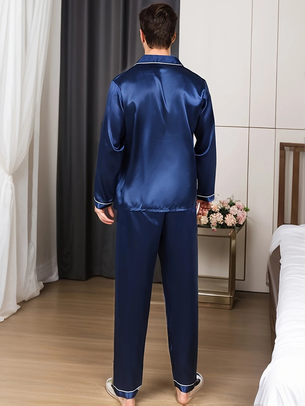 Solid Color Silk Pajamas For Men Long Sleeves Pijama Big size Lounge Male Home Night Wear Suit Satin Pyjama Men's Pajama Sets