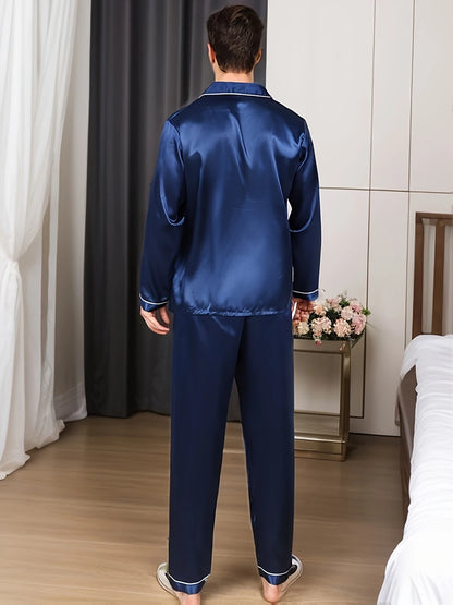 Solid Color Silk Pajamas For Men Long Sleeves Pijama Big size Lounge Male Home Night Wear Suit Satin Pyjama Men's Pajama Sets