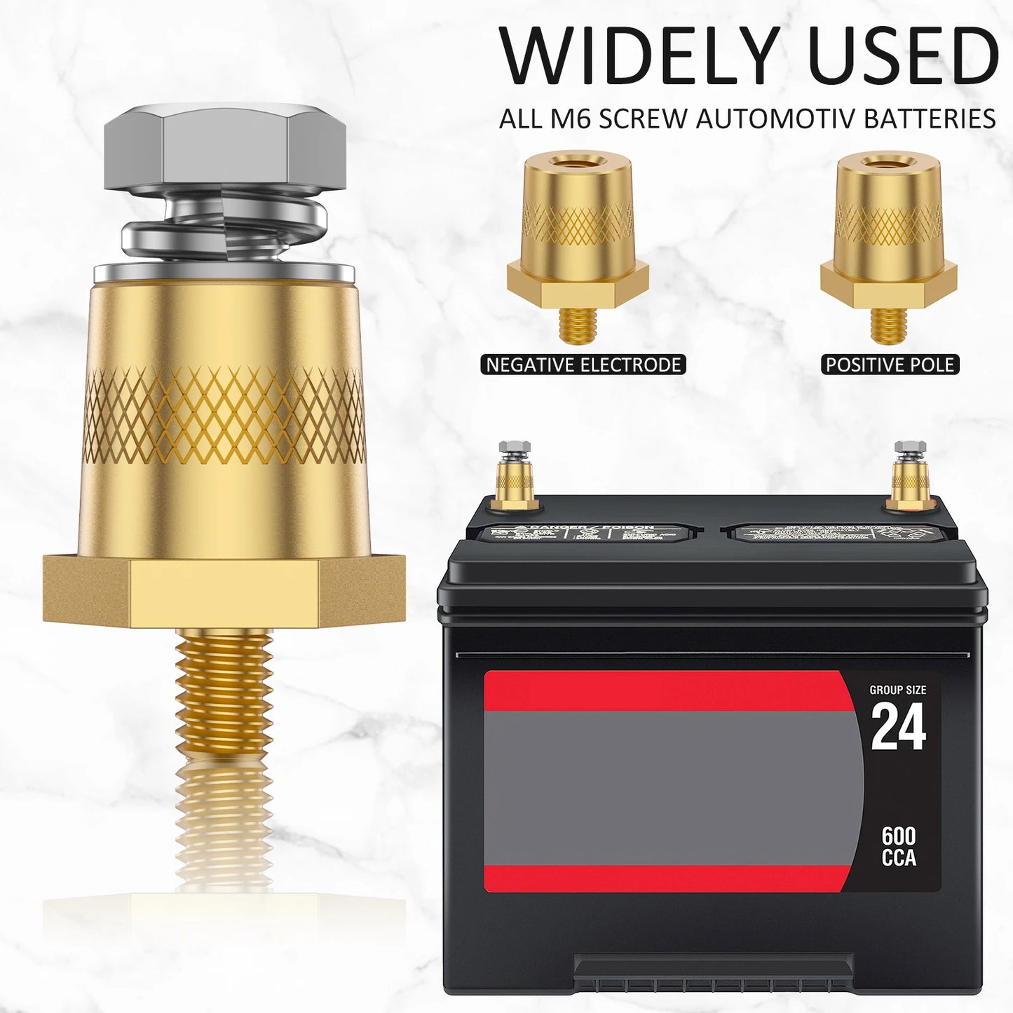 1 Pair Battery Pole Adapter Brass Battery Terminal Connector M6 Thread Positive Negative Battery Post Connector Terminal Adapter