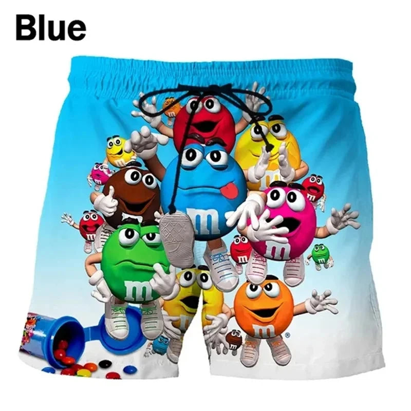 Funny M&M's Chocolate Bean Beach Shorts Men 3D Printing M&M Board Swimsuit Summer Quick Drying Sport