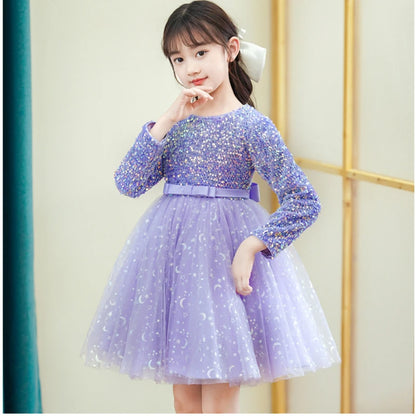 2023 Girls Autumn Long Sleeve Sequin Mesh Ball Gown Dress Stage Performance Princess Dress Kids Sweet Host Dresses 3-14Years