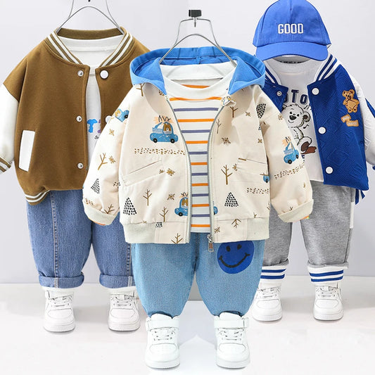 0-4 years old autumn new fashion cute car baby suit boys and girls long-sleeved striped three-piece children's sports suit
