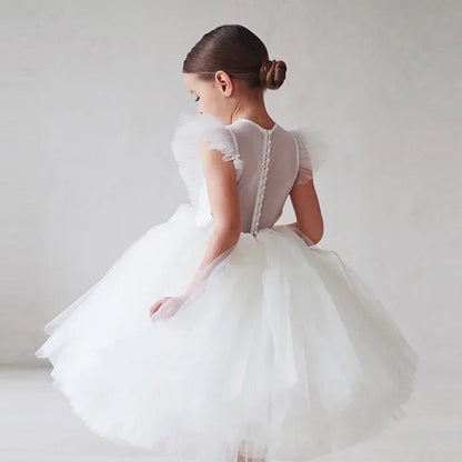 Flower Girl Pink Dress for Wedding Backless Elegant Kids Birthday Party Gala Dresses Puff Sleeve Children Communion Costume 3-8Y