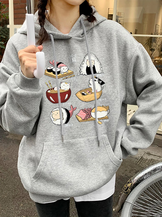 Sushi Cat's Day Harajuku Printed Hoody Womens Fashion Loose Clothing Autumn Fleece Sweatshirt Casual O-Neck Female Streetwear