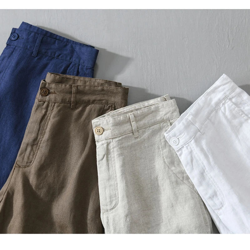 Summer New 100% Linen Casual Shorts Men Clothing Slim Solid Color Streetwear Pants Oversize B8216