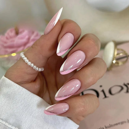 24pcs Black 3D Bow Almond Fake Nails Tips Pearl Love Sequin Design False Nails Art Removable Waterproof Artificial Press on Nail
