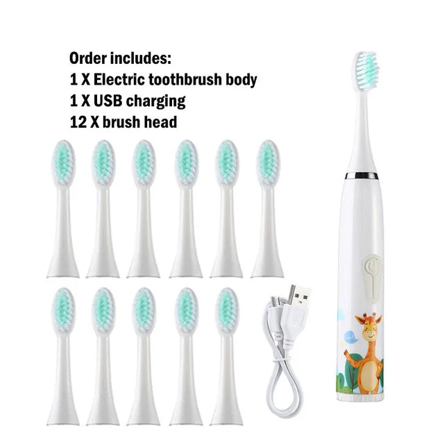 Children Sonic Electric Toothbrush Automatic Waterproof IPX7 Cleaning Brush Cartoon Kids With 12pcs Replacement Brush Heads