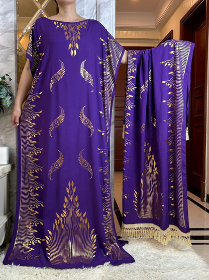 2024 Summer Short sleeve Dress Pure Cotton Gold Stamping Loose Abaya Maxi Islam Dress With Tassels Big Scarf African Long Dress
