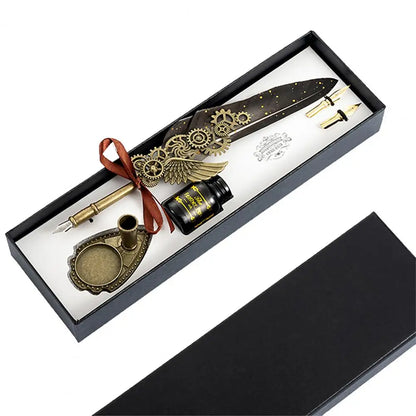1 Set 0.5mm Quill Pen Ink Set Vintage Steampunk High Quality Gift Feather Dip Pen Set Glittering Signature Quill Pen Ink Set