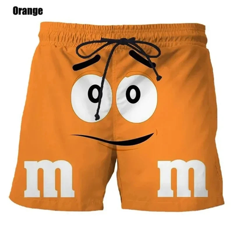 Funny M&M's Chocolate Bean Beach Shorts Men 3D Printing M&M Board Swimsuit Summer Quick Drying Sport