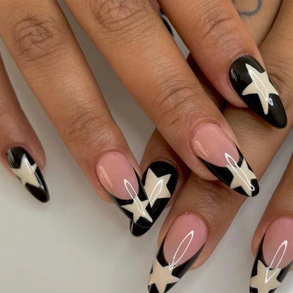 24pcs Black 3D Bow Almond Fake Nails Tips Pearl Love Sequin Design False Nails Art Removable Waterproof Artificial Press on Nail