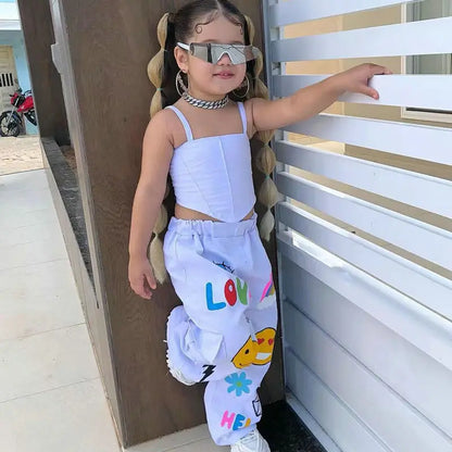 1-8Years Kids Clothing Sets Outfits for Girls 2024 Summer New Children Sleeveless Crop Tops+Pants Love Print Clothes Outfits