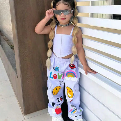 1-8Years Kids Clothing Sets Outfits for Girls 2024 Summer New Children Sleeveless Crop Tops+Pants Love Print Clothes Outfits