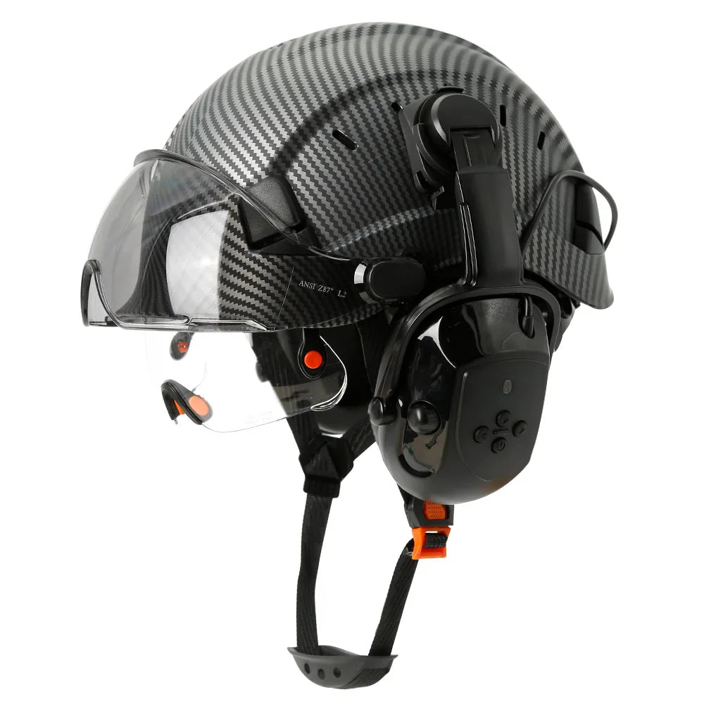 Bluetooth 5.0 Earmuffs Safety Helmet With Visors For Engineer ABS Carbon Fiber Pattern Construction Hard Hat Industrial Cap ANSI