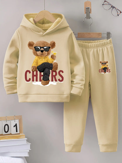 2sets Fall/Winter new casual comfort sports style warm boy print warm lining hoodie and tracksuit pants