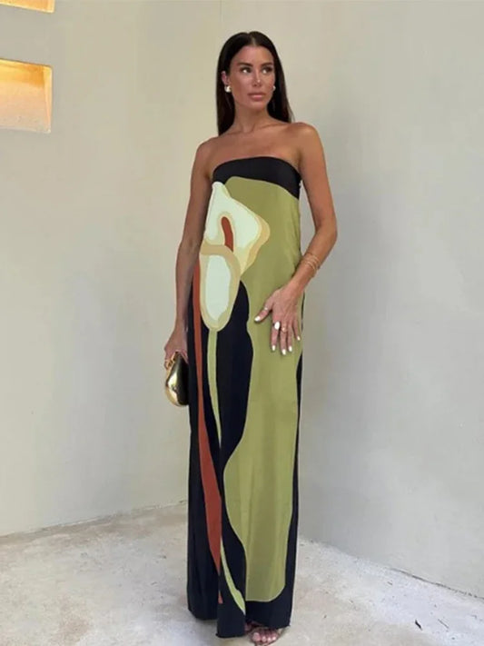 Fashion Loose Off Shoulder Contrast Color Dresses Summer Avocado Print Strapless Dress Women 2024 Sexy Ladies Holiday Streetwear