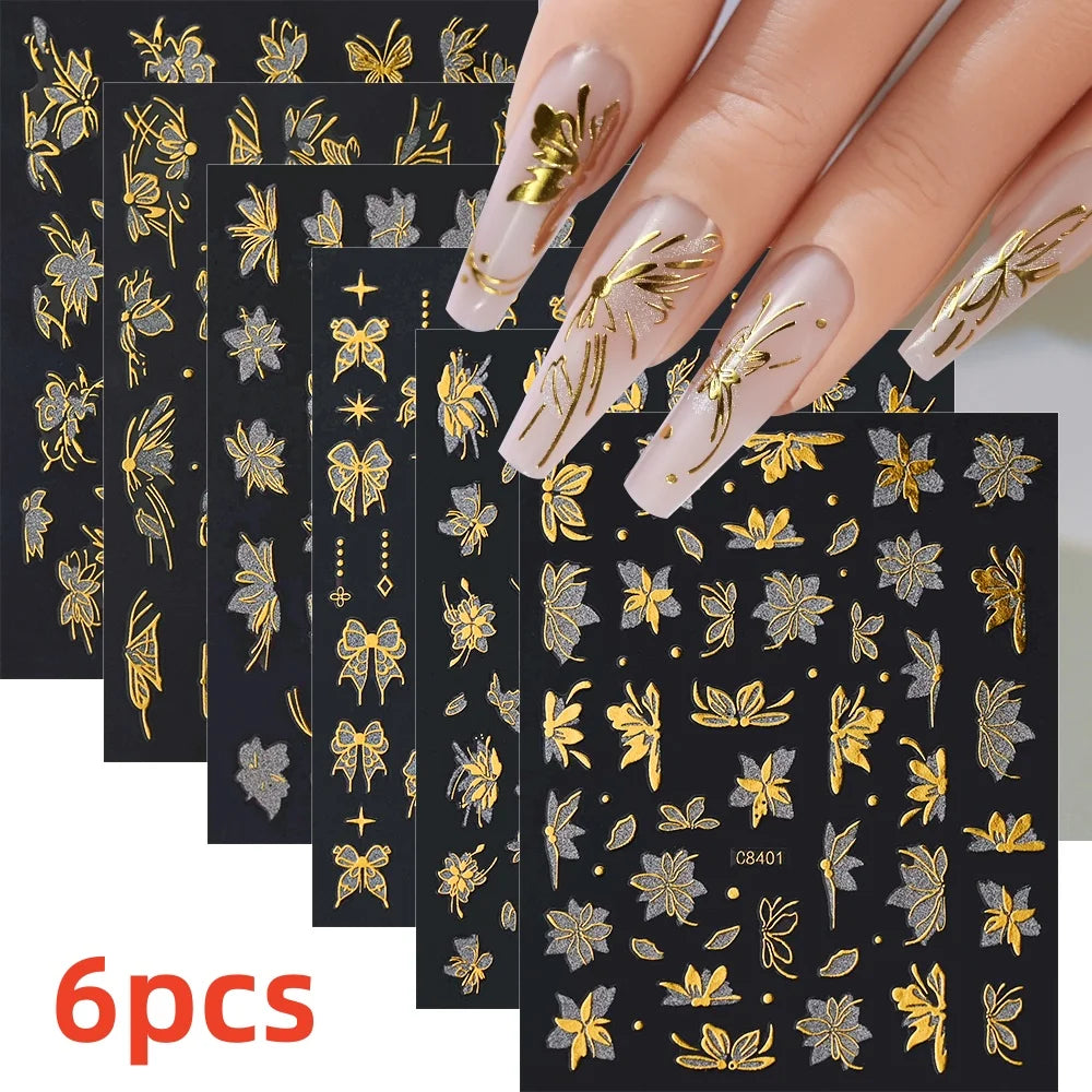 8Pcs Red Heart Nail Stickers 3D Bronzing Silver Gold Heart Shape Star & Moon Metal Totem Nail Slider Self-Adhesive DIY Nail Art*