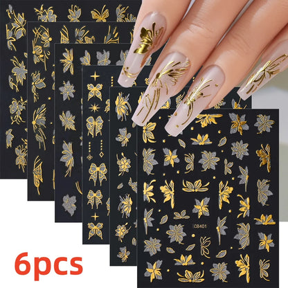 8Pcs Red Heart Nail Stickers 3D Bronzing Silver Gold Heart Shape Star & Moon Metal Totem Nail Slider Self-Adhesive DIY Nail Art*