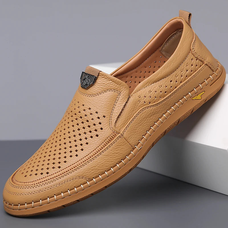 Men Casual Summer Footwear Breathable Mens Leisure Walk Loafers Genuine Leather Moccasins Hollow Out Slip on Male Driving Shoes