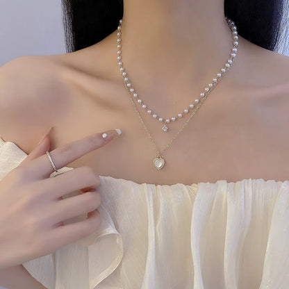 2023 New Fashion Trend Light Luxury Elegant Delicate Pearl Double Layer Heart Necklace Ladies High Jewelry Party Gifts Wholesale
