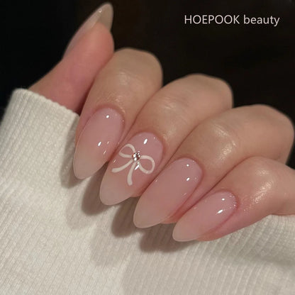 24pcs Black 3D Bow Almond Fake Nails Tips Pearl Love Sequin Design False Nails Art Removable Waterproof Artificial Press on Nail